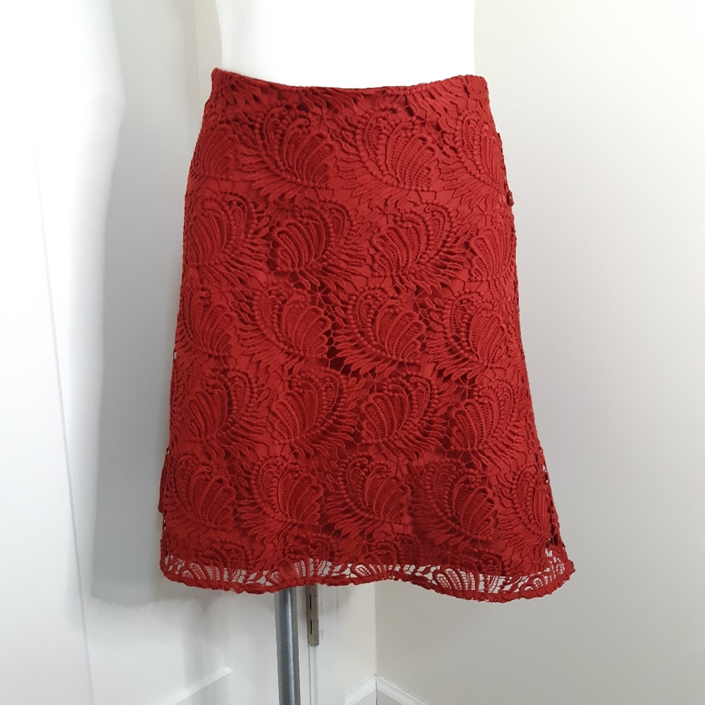 NWT LOFT Size 4P Red Mini Skirt A-Line Crochet